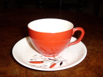 Antique CROWN CLARENCE STAFFORDSHIRE POTTERY COFFEE SET WITH WHEAT DESIGN IN RED 