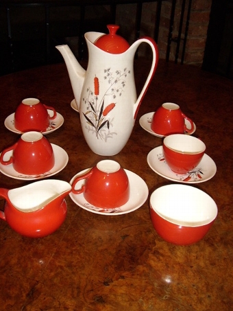 Antique CROWN CLARENCE STAFFORDSHIRE POTTERY COFFEE SET WITH WHEAT DESIGN IN RED 