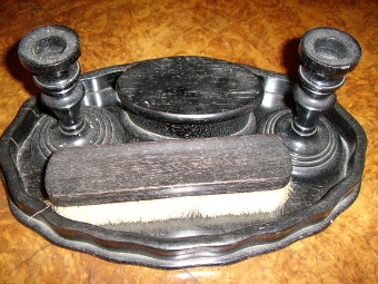 Antique EARLY EBONY DRESSING TABLE SET COMPRISING TRAY,PAIR CANDLESTICKS JEWELLERY BOX & CLOTHES BRUSH