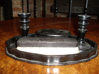 Antique EARLY EBONY DRESSING TABLE SET COMPRISING TRAY,PAIR CANDLESTICKS JEWELLERY BOX & CLOTHES BRUSH