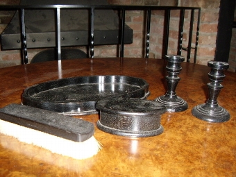Antique EARLY EBONY DRESSING TABLE SET COMPRISING TRAY,PAIR CANDLESTICKS JEWELLERY BOX & CLOTHES BRUSH