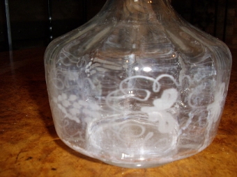 Antique EARLY VICTORIAN HAND BLOWN ETCHED GLASS DECANTER WITH HOLLOW STOPPER 