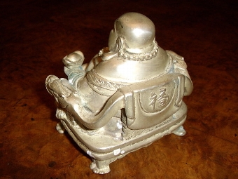 Antique FAUX SILVER BUDDHA SITTING WITH BROAD SMILE