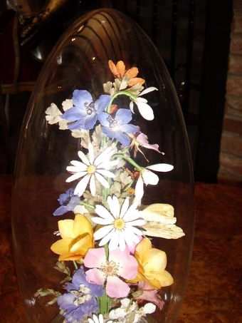 Antique GLASS DOME DISPLAY OF REAL DRIED FLOWERS WITH BUTTERFLY 