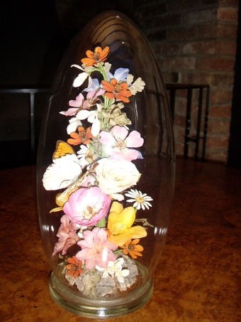 Antique GLASS DOME DISPLAY OF REAL DRIED FLOWERS WITH BUTTERFLY 