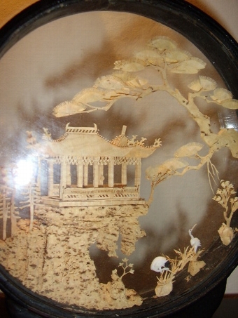 Antique HAND CRAFTED CORK CARVING DEPICTING ORIENTAL HOUSE WITH TREES & BIRDS IN GLASS CASE ON STAND