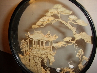 Antique HAND CRAFTED CORK CARVING DEPICTING ORIENTAL HOUSE WITH TREES & BIRDS IN GLASS CASE ON STAND