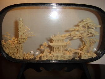 Antique HAND CRAFTED CORK CARVING DEPICTING ORIENTAL HOUSE WITH TREES & BIRDS IN GLASS CASE ON STAND