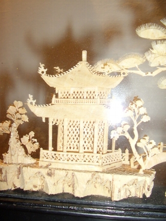Antique HAND CRAFTED CORK CARVING DEPICTING ORIENTAL HOUSE WITH TREES & BIRDS IN GLASS CASE ON STAND