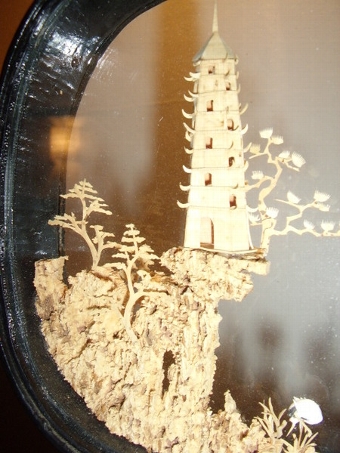 Antique HAND CRAFTED CORK CARVING DEPICTING ORIENTAL HOUSE WITH TREES & BIRDS IN GLASS CASE ON STAND