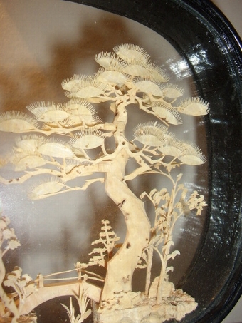 Antique HAND CRAFTED CORK CARVING DEPICTING ORIENTAL HOUSE WITH TREES & BIRDS IN GLASS CASE ON STAND