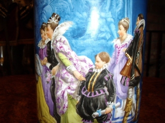 Antique HAND PAINTED VASE DEPICTING ELIZABETHAN PERIOD SCENE C1880--90 