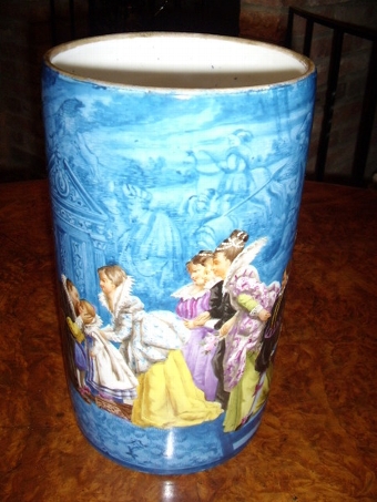Antique HAND PAINTED VASE DEPICTING ELIZABETHAN PERIOD SCENE C1880--90 