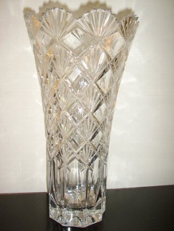 Antique LARGE CHRYSTAL GLASS VASE WITH HEAVY CUT RELIEF PATTERN 