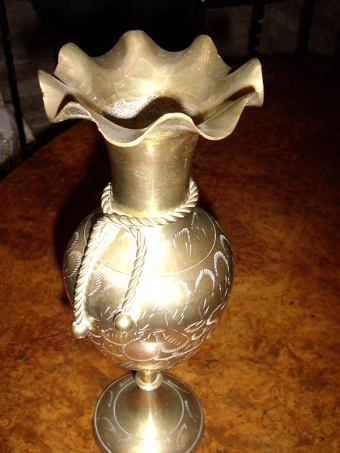 Antique PAIR OF POLISHED BRASS TURNED VASES WITH FLUTED NECKS & ROPE TIES 