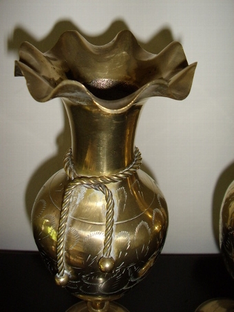 Antique PAIR OF POLISHED BRASS TURNED VASES WITH FLUTED NECKS & ROPE TIES 