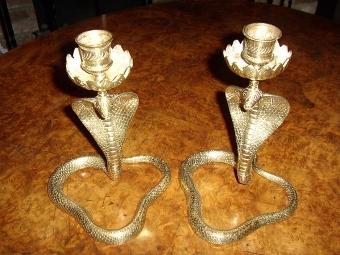 Antique PAIR OF SOLID BRASS SNAKE CANDLESTICK WITH COILED TAILS 