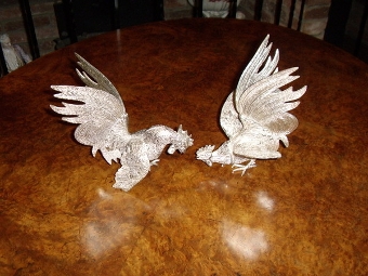 Antique PAIR OF CONTINENTAL SOLID CHROMIUM & SILVER PLATED TABLE COCKRELLS READY TO FIGHT 