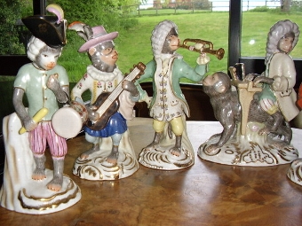 Antique SET OF 6 PORCELAIN MONKEY MUSICIANS IN THE ROCCOCO CONTINENTAL STYLE