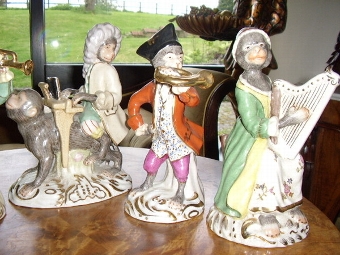 Antique SET OF 6 PORCELAIN MONKEY MUSICIANS IN THE ROCCOCO CONTINENTAL STYLE