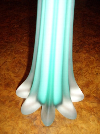 Antique TALL RIBBED GLASS VASE WITH MINT GREEN STRIPED OPAQUE FINISH 