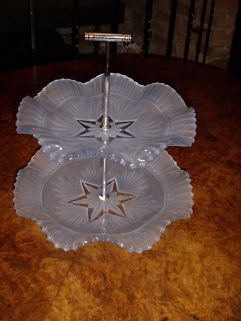 Antique TWO TIER CAKE STAND IN MILK GLASS WITH CHROMIUM ROD SUPPORT & 'T'BAR HANDLE 1920