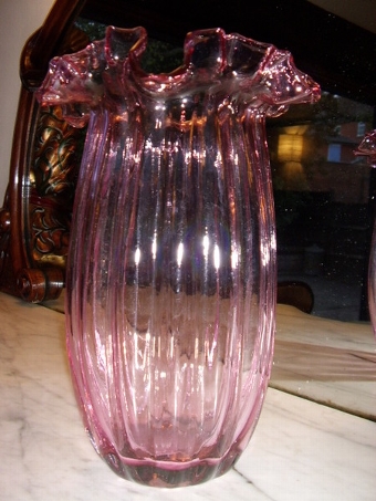Antique VICTORIAN CRANBERRY GLASS VASE WITH RIBBED BODY & FLUTED TOP 