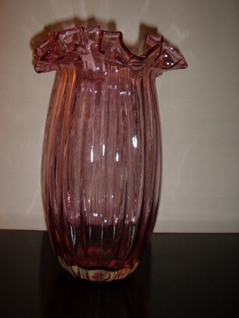 Antique VICTORIAN CRANBERRY GLASS VASE WITH RIBBED BODY & FLUTED TOP 