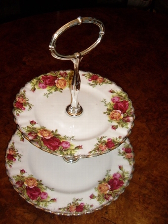 Antique ROYAL ALBERT 2 TIER CAKE STAND & SANDWICH PLATE IN THE 'OLD COUNTRY ROSES' PATTERN