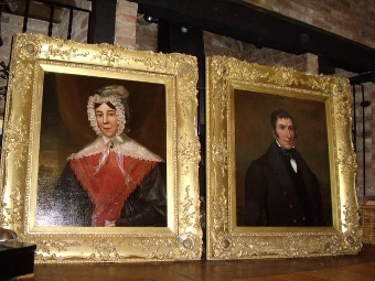PAIR OF VICTORIAN OIL ON CANVAS PORTRAITS OF AN  ENGLISH GENTLEMAN & LADY IN AMAZING  ORIGINAL GI...