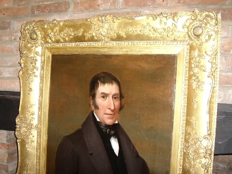 Antique PAIR OF VICTORIAN OIL ON CANVAS PORTRAITS OF AN  ENGLISH GENTLEMAN & LADY IN AMAZING  ORIGINAL GILT FRAMES  C1800-1840  43 INCHES X 38 INCHES   