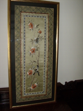 CHINESE HAND SEWN SILK EMBROIDERY OF BIRDS & FLOWERS IN GILT FRAME 27 X 13 INCHES