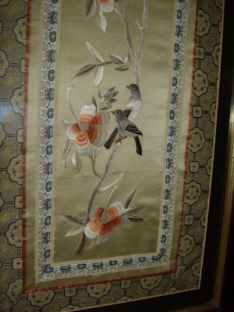 Antique CHINESE HAND SEWN SILK EMBROIDERY OF BIRDS & FLOWERS IN GILT FRAME 27 X 13 INCHES