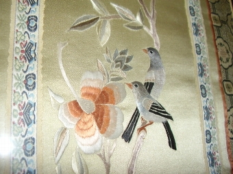 Antique CHINESE HAND SEWN SILK EMBROIDERY OF BIRDS & FLOWERS IN GILT FRAME 27 X 13 INCHES