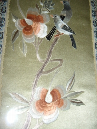 Antique CHINESE HAND SEWN SILK EMBROIDERY OF BIRDS & FLOWERS IN GILT FRAME 27 X 13 INCHES