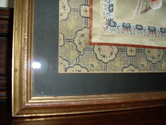 Antique CHINESE HAND SEWN SILK EMBROIDERY OF BIRDS & FLOWERS IN GILT FRAME 27 X 13 INCHES