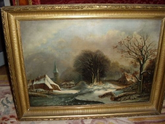VICTORIAN DUTCH WINTER LANDSCAPE OIL ON CANVAS C1850-1880 