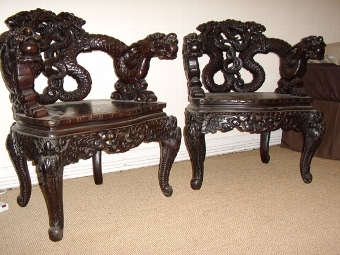 A PAIR OF CARVED MAHOGANY CHINESE DRAGON ARMCHAIRS C1900-20 FULLY REWAXED