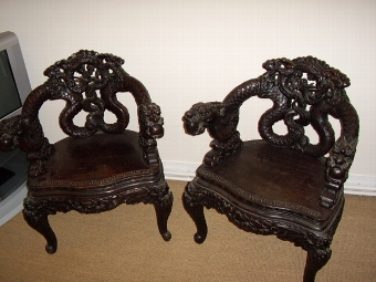 Antique A PAIR OF CARVED MAHOGANY CHINESE DRAGON ARMCHAIRS C1900-20 FULLY REWAXED