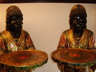 Antique A  PAIR OF VICTORIAN POLYCHROME VENETIAN BLACKAMOORS HOLDING SERVING TRAYS C1900