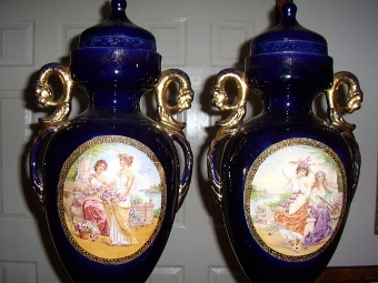 Antique A FINE PAIR OF AUSTRIAN VIENNA VASES ON STANDS C1900 / NEARLY 3 ft.HIGH 