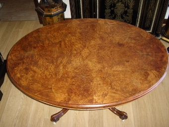 Antique BURR-WALNUT VENEERED LOO TILT-TOP OVAL DINING TABLE C1850 