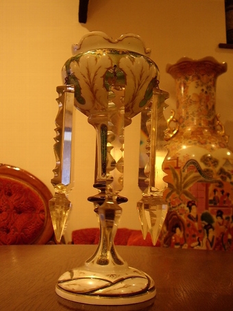 Antique BOHEMIAN GREEN GLASS GILT & PORCELAIN ENAMELLED TABLE LUSTRE WITH CUT GLASS DROPPERS C1860-80  