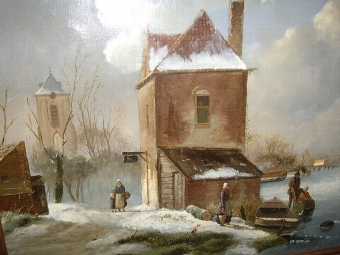 Antique DUTCH WINTER LANDSCAPE OIL PAINTING OF CHILDREN SKATING ON ICE BY H.W.G.WINTER.  