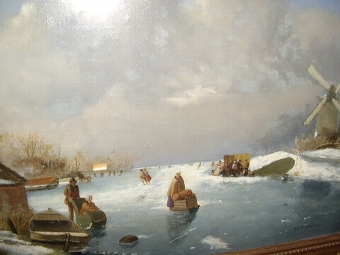 Antique DUTCH WINTER LANDSCAPE OIL PAINTING OF CHILDREN SKATING ON ICE BY H.W.G.WINTER.  