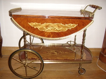 Antique FRENCH INLAID TWO TIER TEA TROLLEY WITH  ORMOLU TRIM & WINE HOLDERS