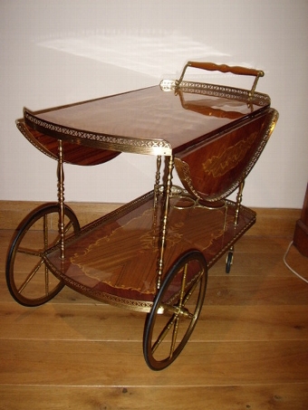 Antique FRENCH INLAID TWO TIER TEA TROLLEY WITH  ORMOLU TRIM & WINE HOLDERS