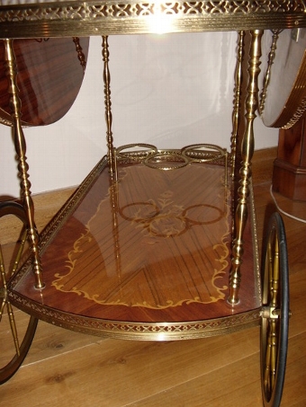 Antique FRENCH INLAID TWO TIER TEA TROLLEY WITH  ORMOLU TRIM & WINE HOLDERS