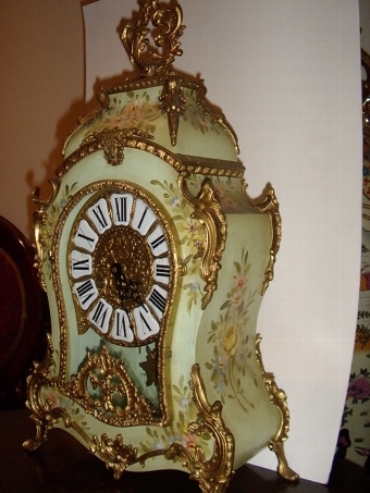 Antique FRENCH LOUIS STYLE ORMOLU BRACKET CLOCK (Twin Bell Ringing Copy ) PAINTED CASE WITH PORCELAIN ROMAN NUMERALS. 