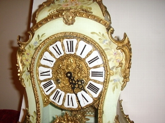 Antique FRENCH LOUIS STYLE ORMOLU BRACKET CLOCK (Twin Bell Ringing Copy ) PAINTED CASE WITH PORCELAIN ROMAN NUMERALS. 